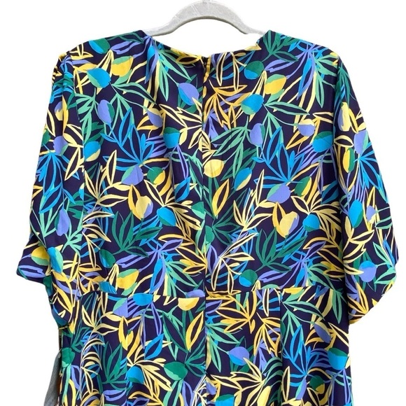 Donna Morgan Leaf Printed V-Neck Dress Womens Plus Size 18W NWT Puff Sleeve Navy - Picture 9 of 15